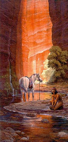 Indien et son cheval au fond d'un canyon